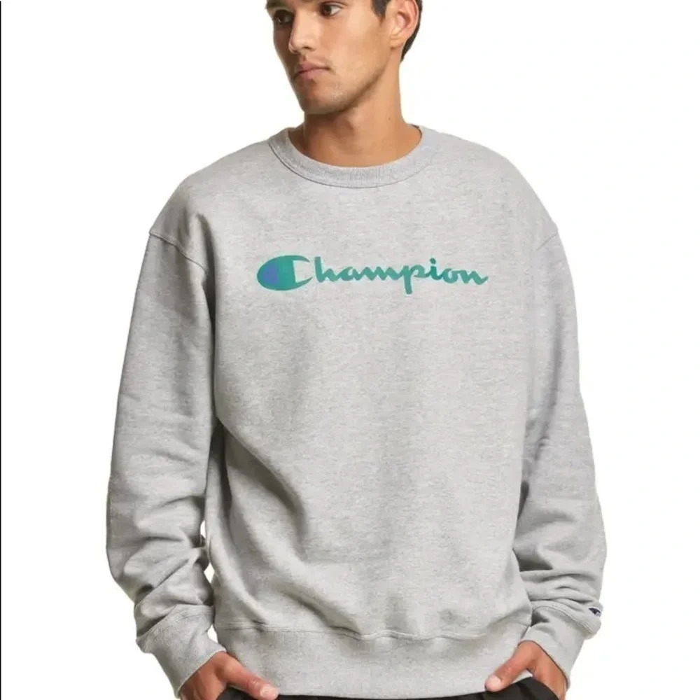 Champion Powerblend Fleece Pullover Sweatshirt Logo Oxford Gray Long Sleeve S